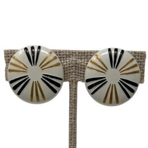 Vintage 60s Mod Clip On Earrings White Gold Black Geometric 1”